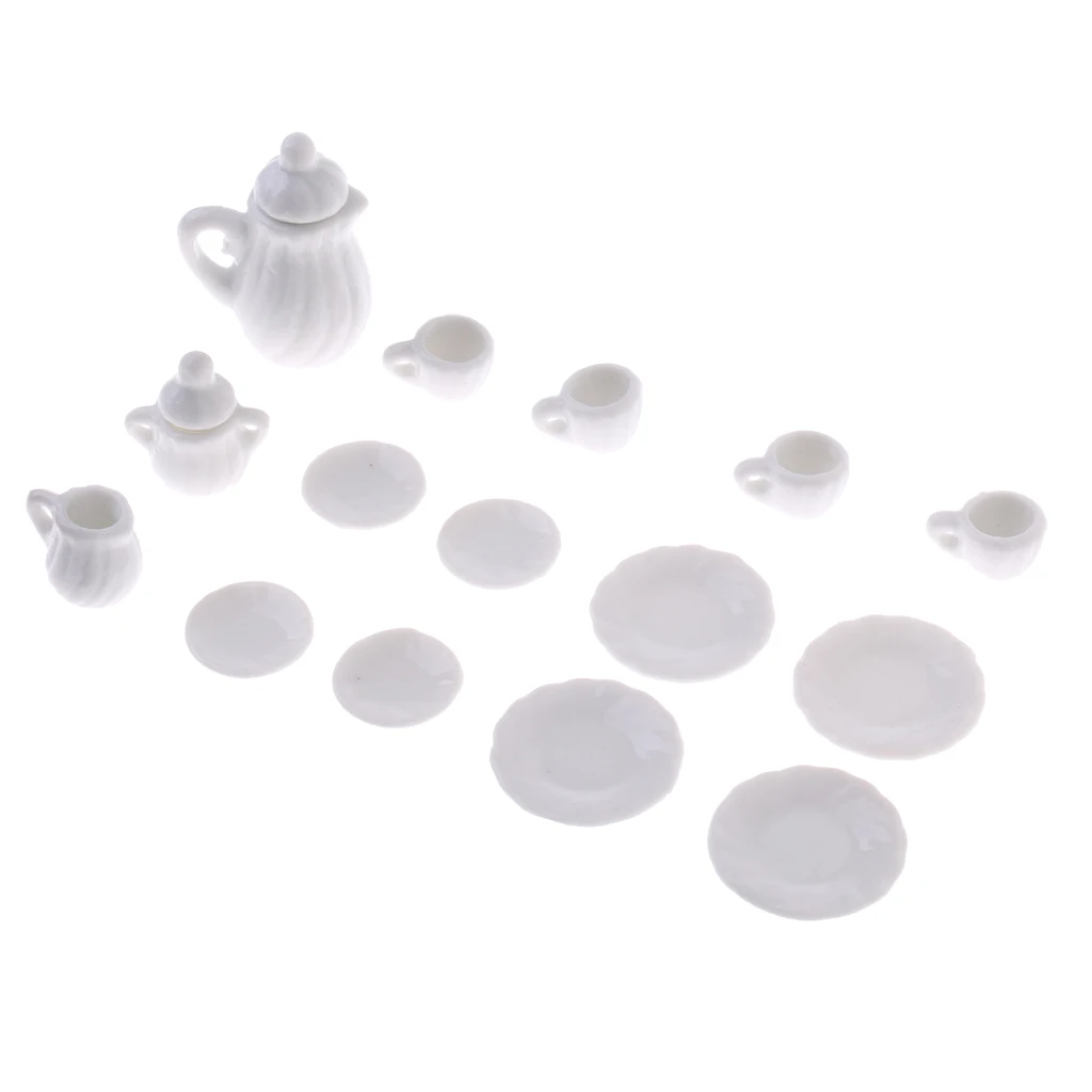 Gut entwickelt 15 Stück Weiß Keramik China Tee-Set Topf Tasse Untertasse Platte 1/12 Puppenhaus neue art von miniatur tee werkzeuge