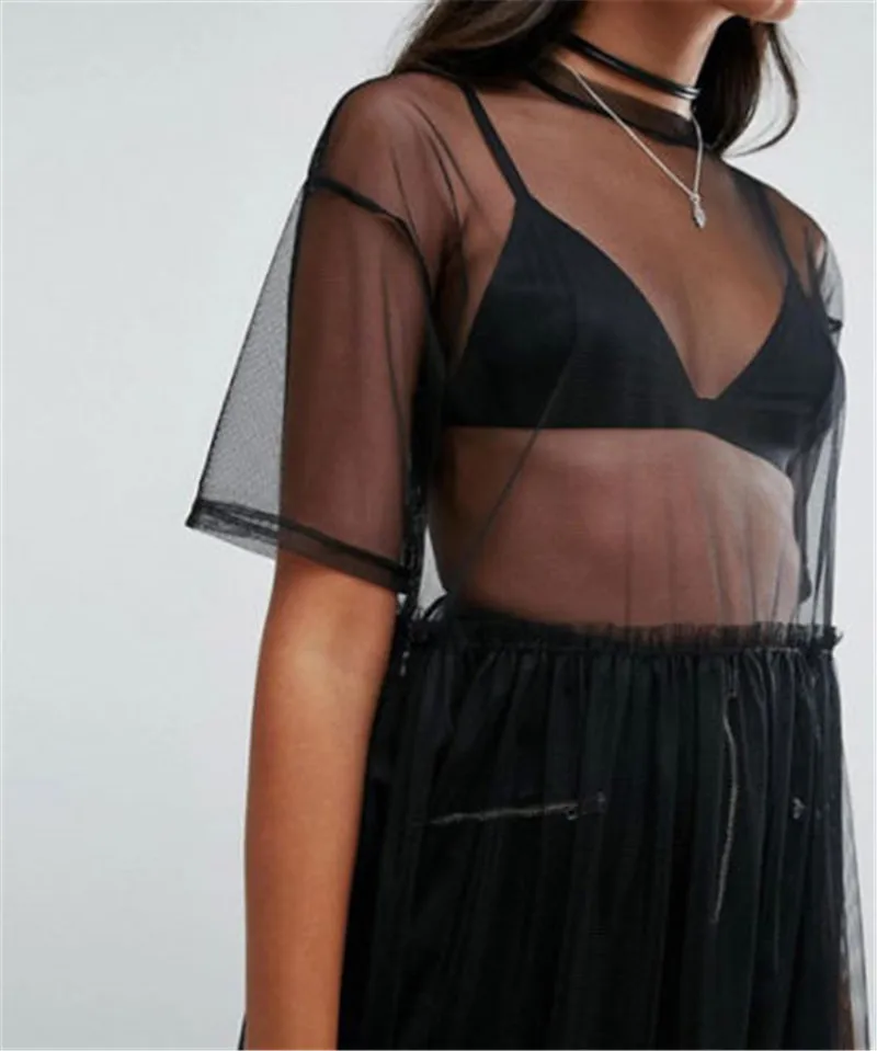 2018 Sexy T Shirt Women Black Gauze Mesh Sheer Tops Sheer Long Shirts Casual Loose T-Shirts Transparent Long Short Sleeve Tops