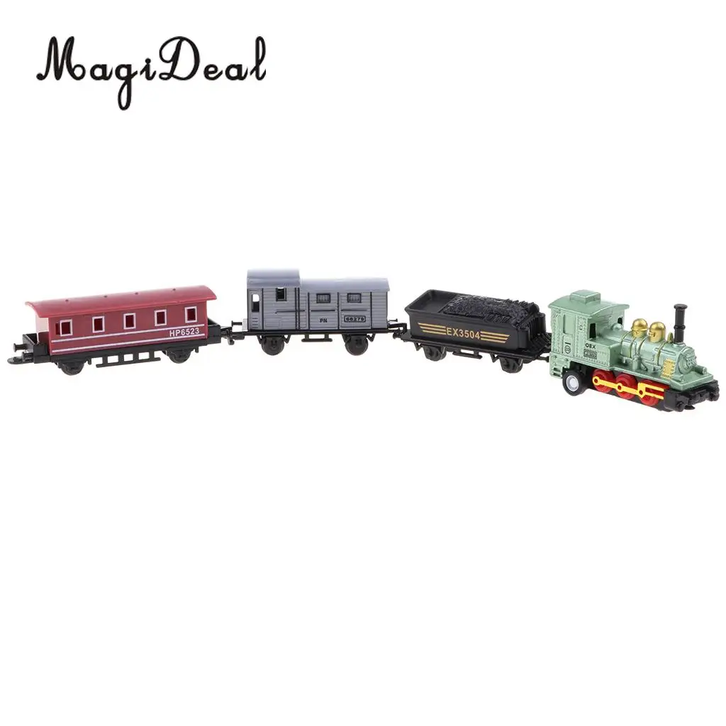 Mini tren de vapor verde para niños, 1 motor de locomotora y 3 carruajes de ferrocarril, juguete divertido coleccionable, 4 piezas