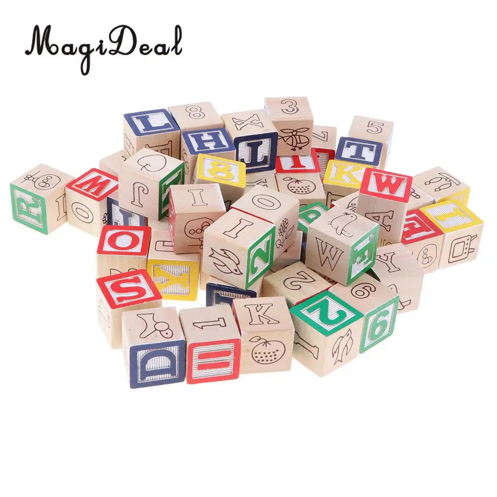 Children 50 Pieces Colorful Printed Wooden A~Z Letters Numbers Cube Blocks Stacking Game Kids Developmental Cognitive Toy