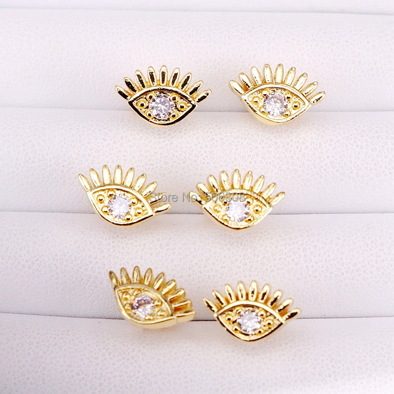 

6 Pairs, Gold Color Tiny Eyelash Clear CZ Eye Stud Earrings