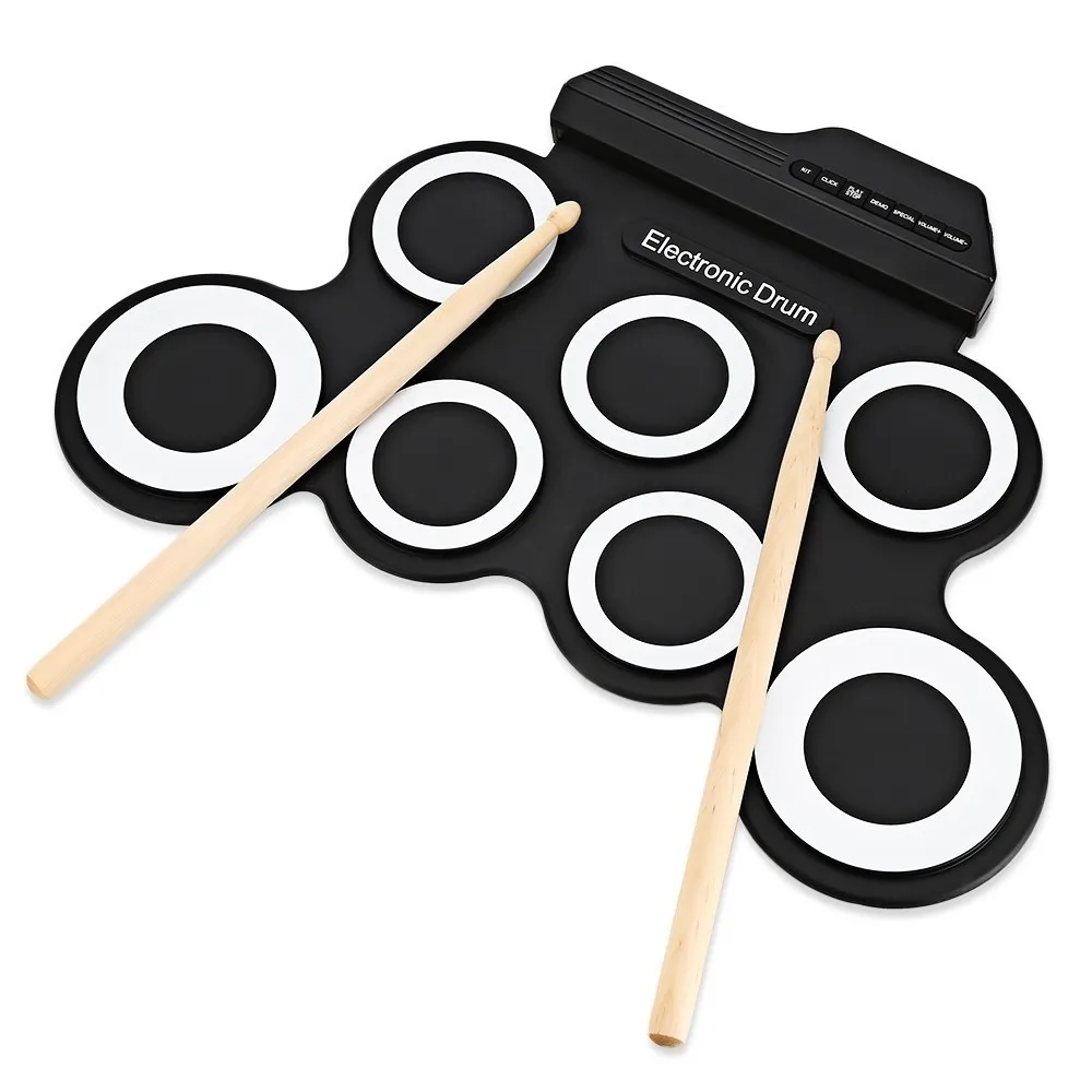 แบบพกพาดิจิตอลอิเล็กทรอนิกส์ Roll Up กลอง 7 ซิลิคอนกลองแผ่น Drumsticks ในตัว Metronome เท้าเหยียบมือม้วนกลอง