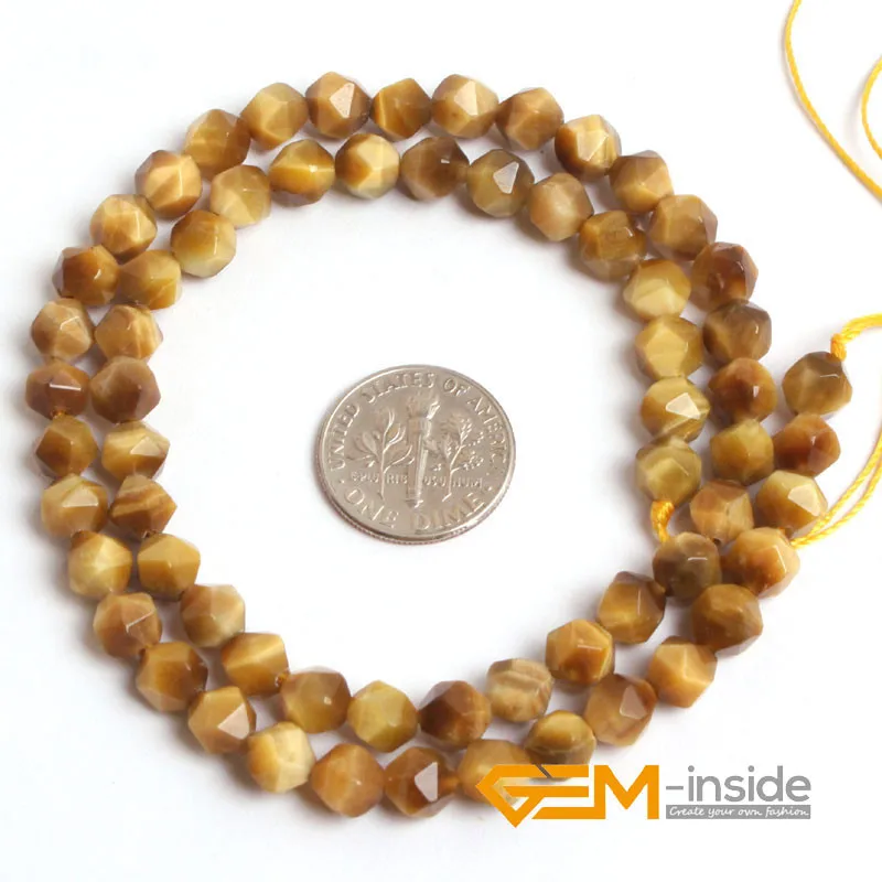 Natural Stone Yellow Tiger's Eye Round Faceted Polygonal Beads For Jewelry Making Strand 15