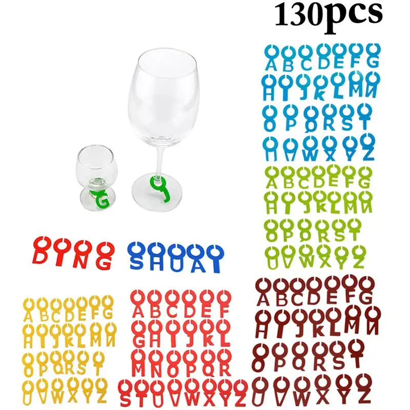 130pcs Multicolor Wine Glass Charms Creative Silicone Alphabet Wine Glass Marker Coffee Tea Wine Glass Recognizer Label Barware