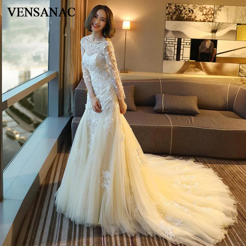 VENSANAC Sequined O Neck Lace Appliques Mermaid Wedding Dresses Illusion Long Sleeve Sweep Train Backless Bridal Gowns