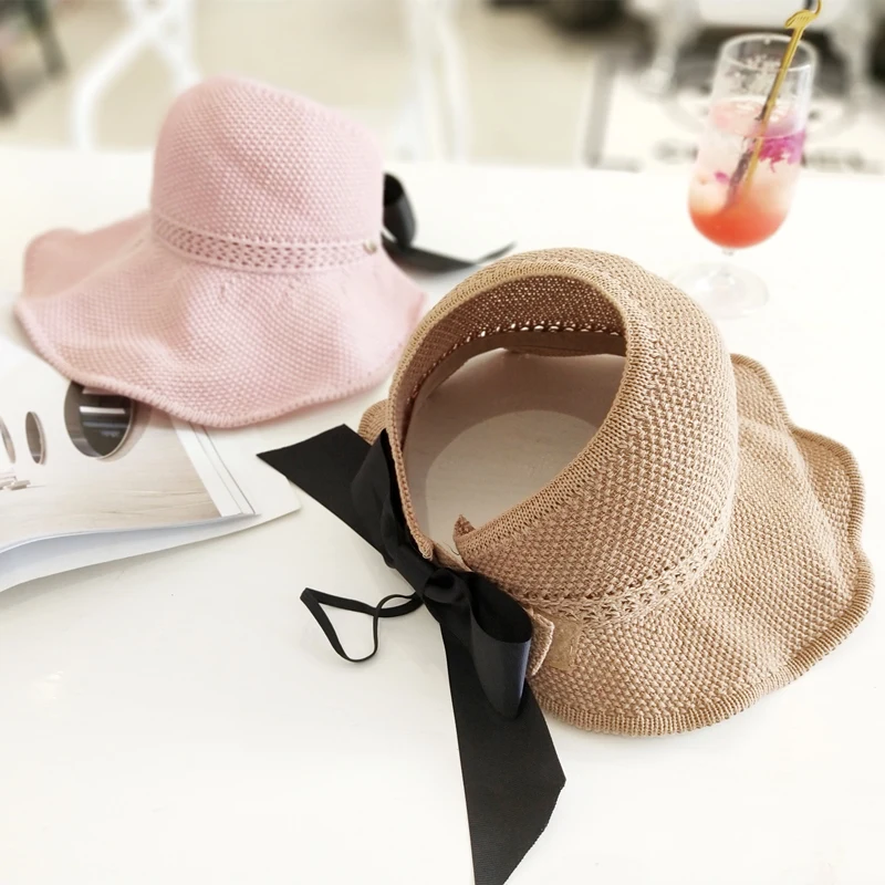 Woman\'s Sun Hats Female Bowknot Visor Caps Hand Made Raffia Straw Summer Cap Casual Shade Hat Empty Top Hat girls Beach hat