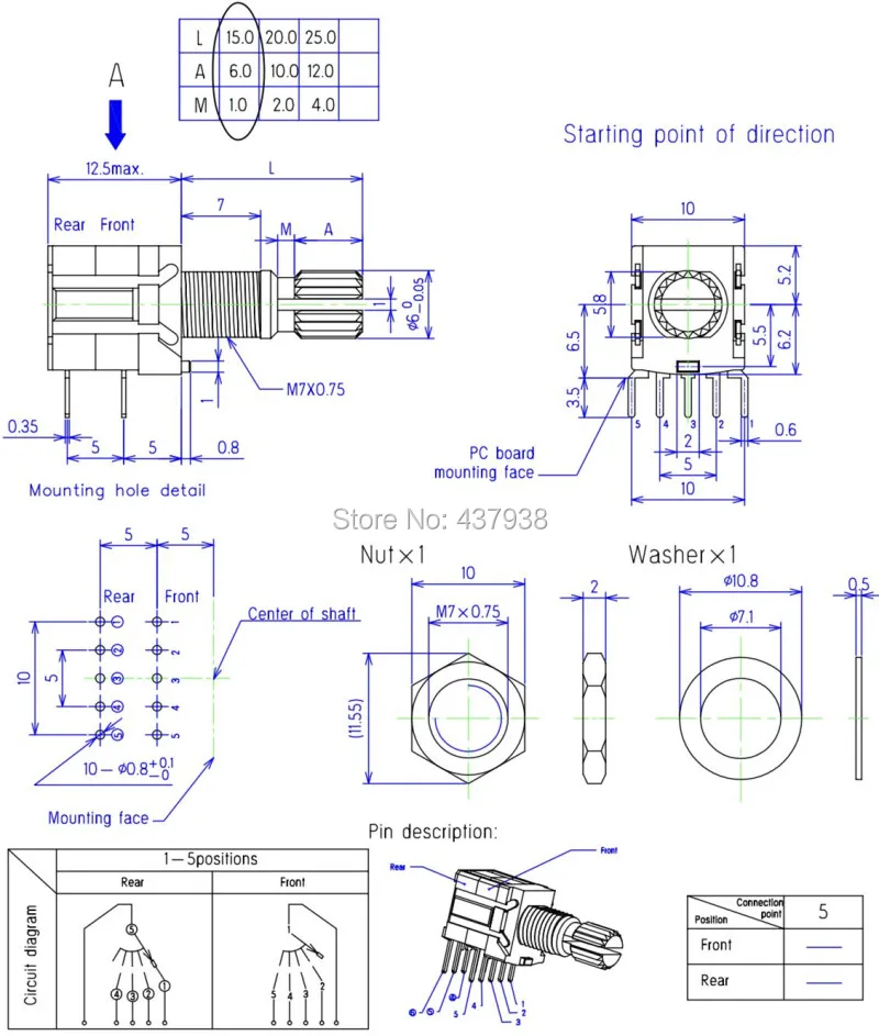 5pcs RS1010 band switch rotary switch gear change switch 1 pole 5 position 2 pole 4 position 3 position