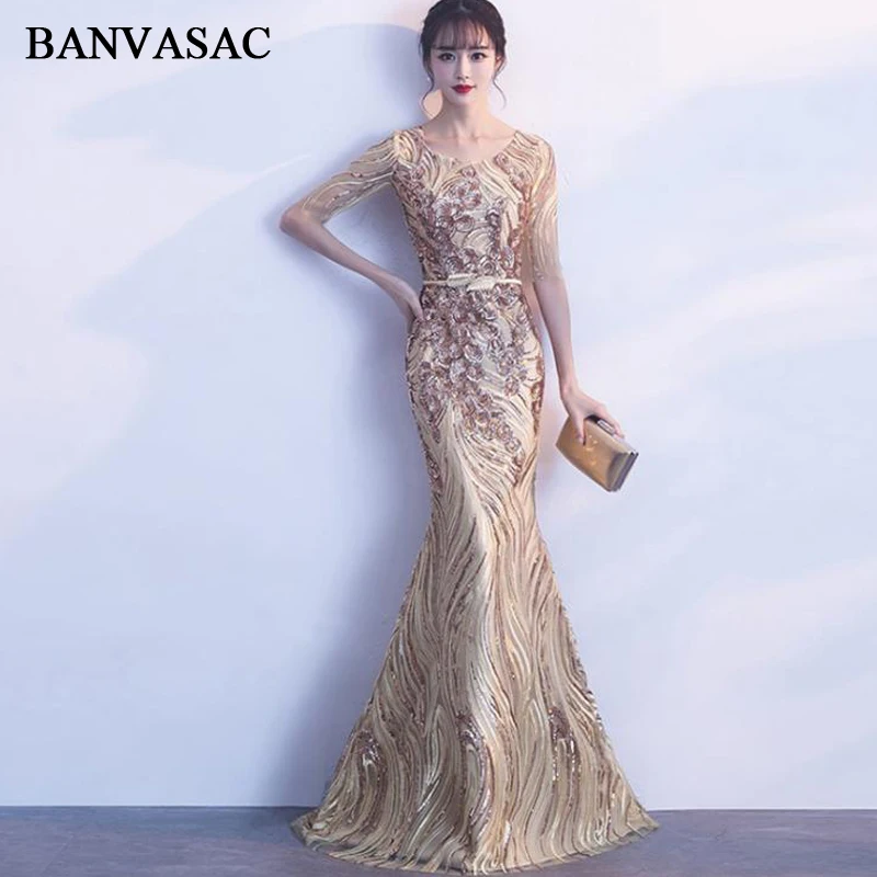 BANVASAC Sequined O Neck Mermaid Long Evening Dresses Lace Illusion Half Sleeve Metal Leaf Sash Party Prom Gowns