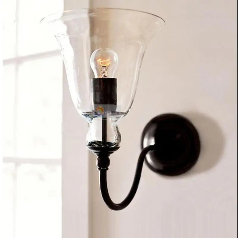 Antike glas wand lampe mit glas schatten für esszimmer schwarz eisen wand leuchte klar glas Cafe licht balkon wand leuchten