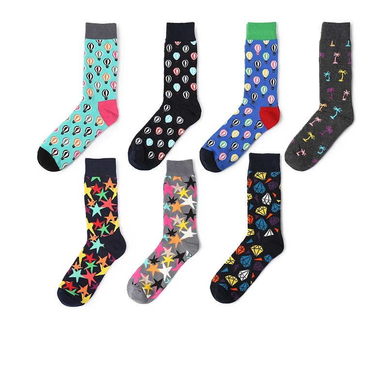 Men Socks Street Style Funny Cartoon Hot Air Balloon Star Diamonds Coconut Tree Happy Harajuku Hip Hop Skate Casual Cotton Socks