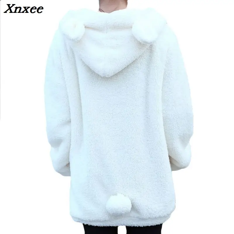 Hot Sale Women Hoodies Zipper Girl  Winter Loose Fluffy Bear Ear Hoodie Hooded Jacket Warm Outerwear Coat Cute Sweatshirt Hoody