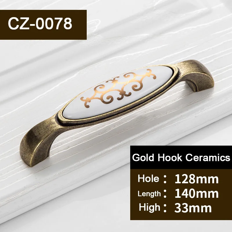 1 pc Antique Golden hook flower Ceramic Door Handles Kitchen Cabinet Handles Metal Furniture Drawer Pulls   CZ-0075