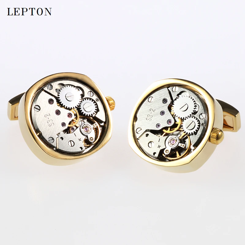 

Lepton New Functional Watch Movement Cufflinks For Mens Stainless Steel Silver Color Steampunk Gear Watch Mechanism Cuff links