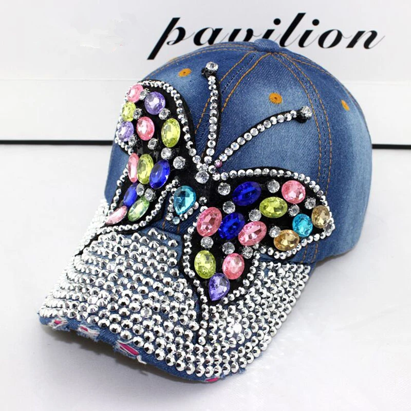 2019 Fall Baseball Cap Women Full Crystal Colorful Big Butterfly Hat Denim Bling Rhinestone Snapback Caps Casquette Summer Hats