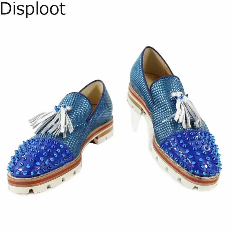 

Blue Metal Rivets Studs Loafers Embossed Leather Patched Men Casual Shoes Tassel Spiked Platform Sole Low Top Male Slip on Shoe