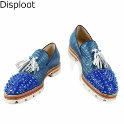 Blue Metal Rivets Studs Loafers Embossed Leather Patched Men Casual Shoes Tassel Spiked Platform Sole Low Top Male Slip on Shoe