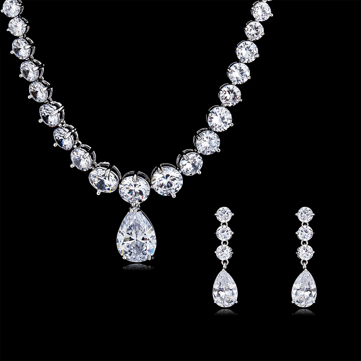 Fashion Crystal CZ Zircon Dangle Bridal Wedding Necklace Earring Sets for Women Party Prom Jewelry Accessories CN10089