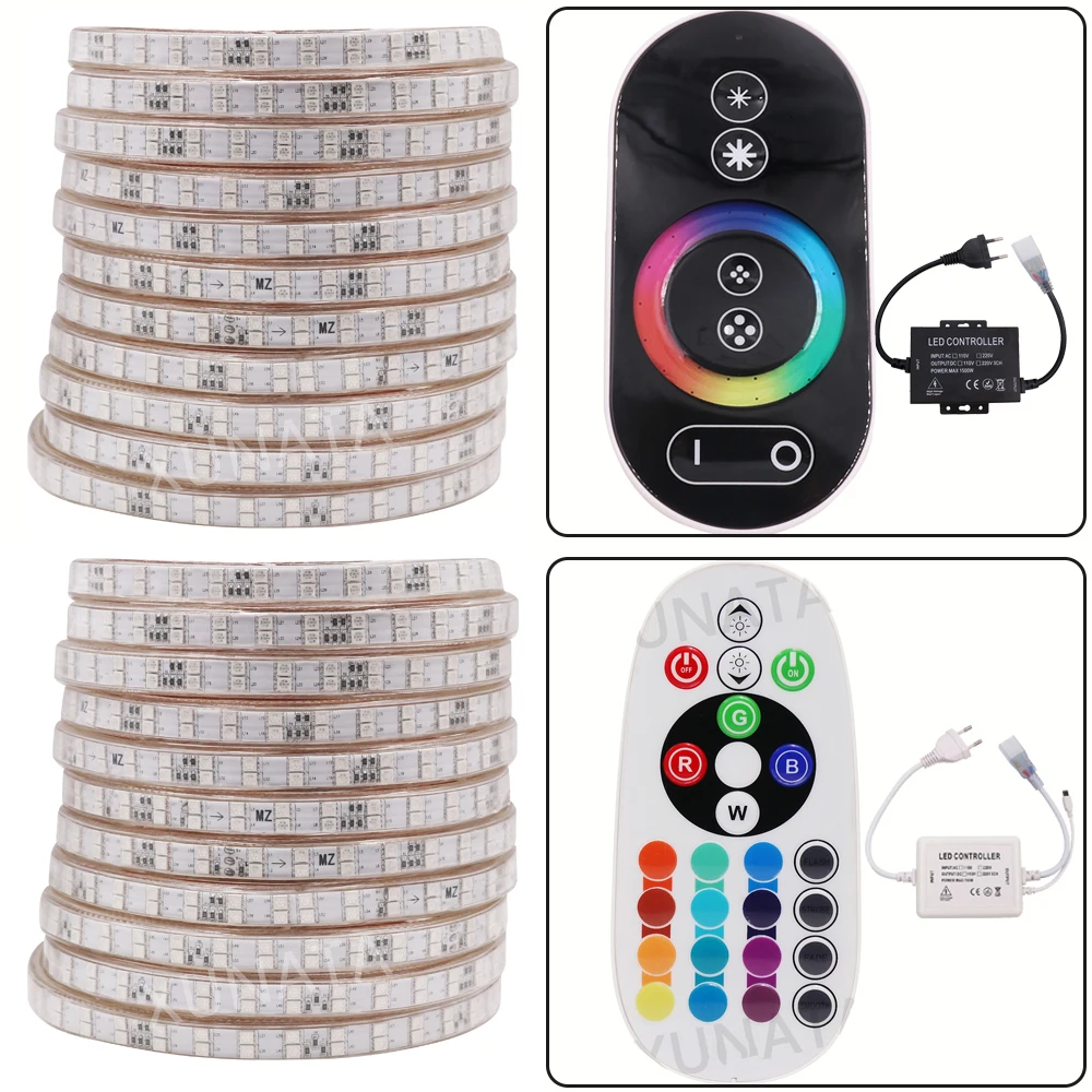 

120led/m Led Strip Light 5050 220V AC Waterproof Flex RGB Led Rope Light Touch/IR Remote Controller 1m 2m 5m 10m 20m 50m 100m