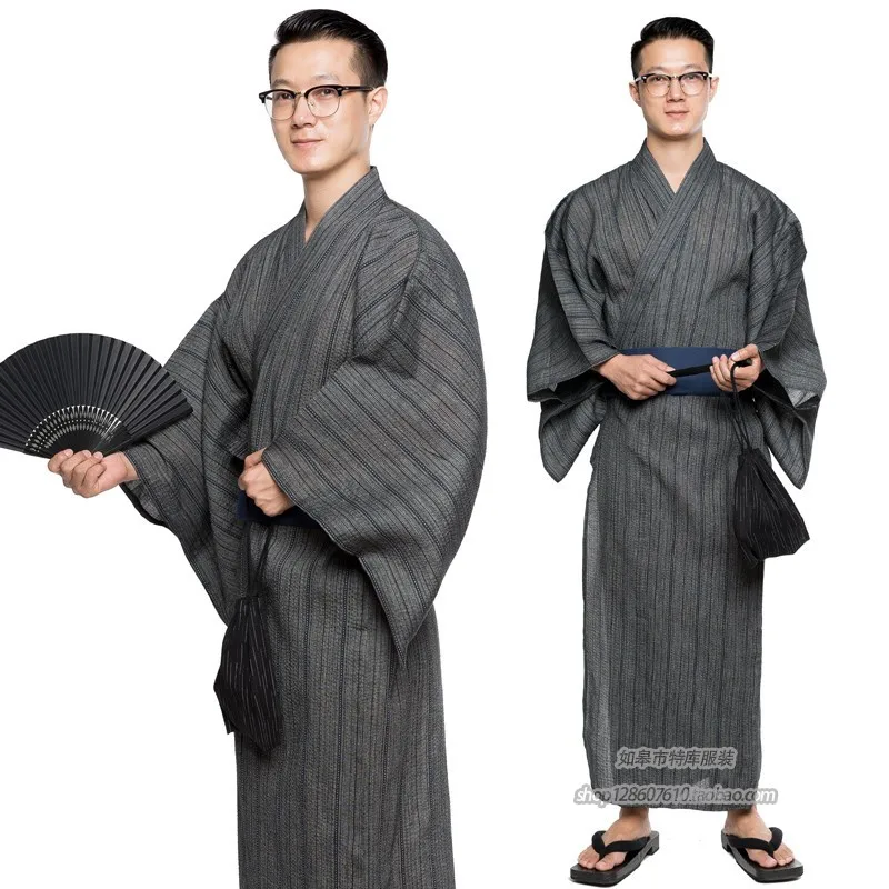 Traditional Japanese Male Cool Kimono Bathrobes Men's Cotton Robe Yukata Men Bath Robe Kimono Sleepwear with Belt and bag DH049