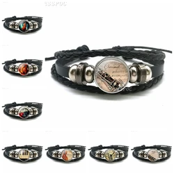 Fashion Music Accessories Musical Instrument Glass Dome Violin Clarinet Flute Black Braid Leather Pendant Jewelry Bracelet Gift