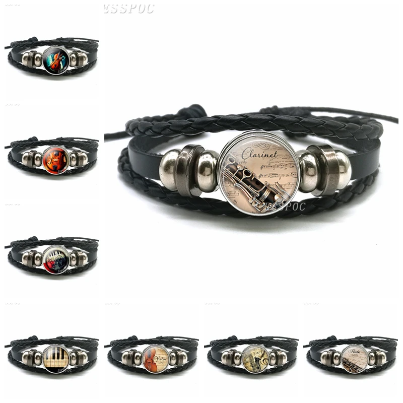 Fashion Music Accessories Musical Instrument Glass Dome Violin Clarinet Flute Black Braid Leather Pendant Jewelry Bracelet Gift