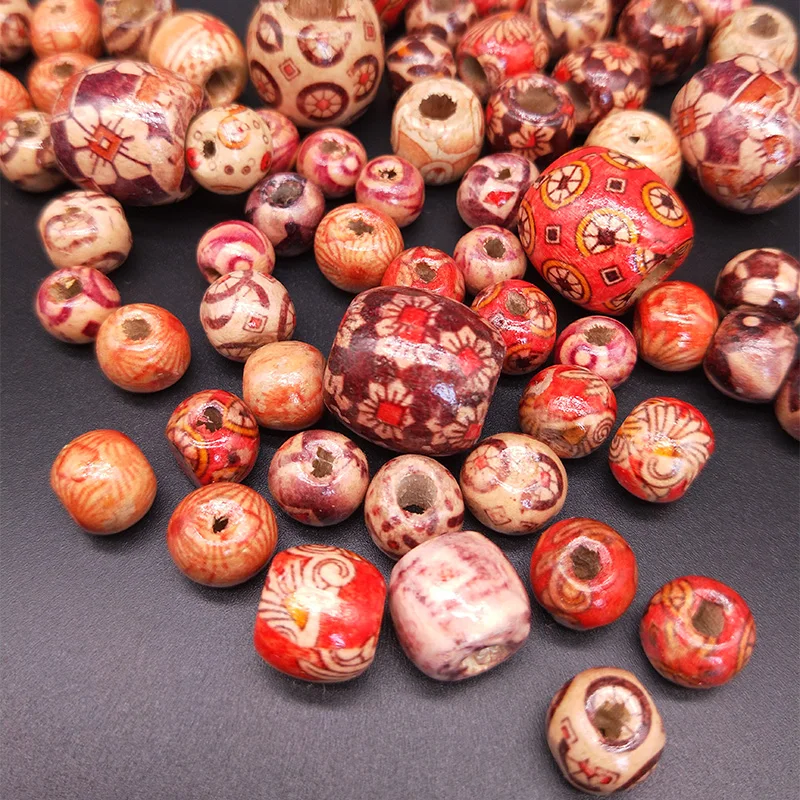Multiple Styles Painted Drum Wood Beads Big Hole Beads For Charm Bracelet Jewelry Making Accessories DIY Beading