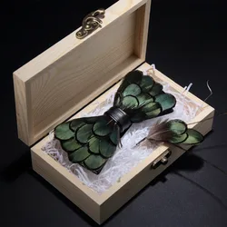 JEMYGINS Original Green Birds Feather Bow Tie Natural Hand Made Bowtie Brooch Gift Box Set For Men Business Party Wedding