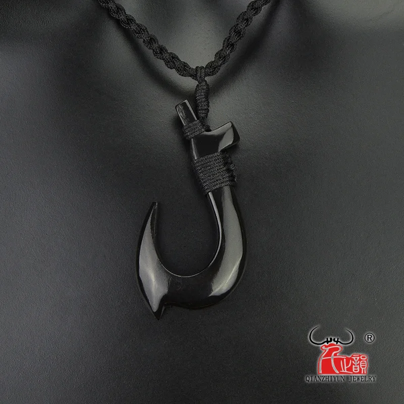 1PC Hawaii Surfer Jewelry Handmade Carved buffalo horn  Fish Hook Pendant New Zealand Maori Tribal Choker WoMen\'s Men\'s Necklace