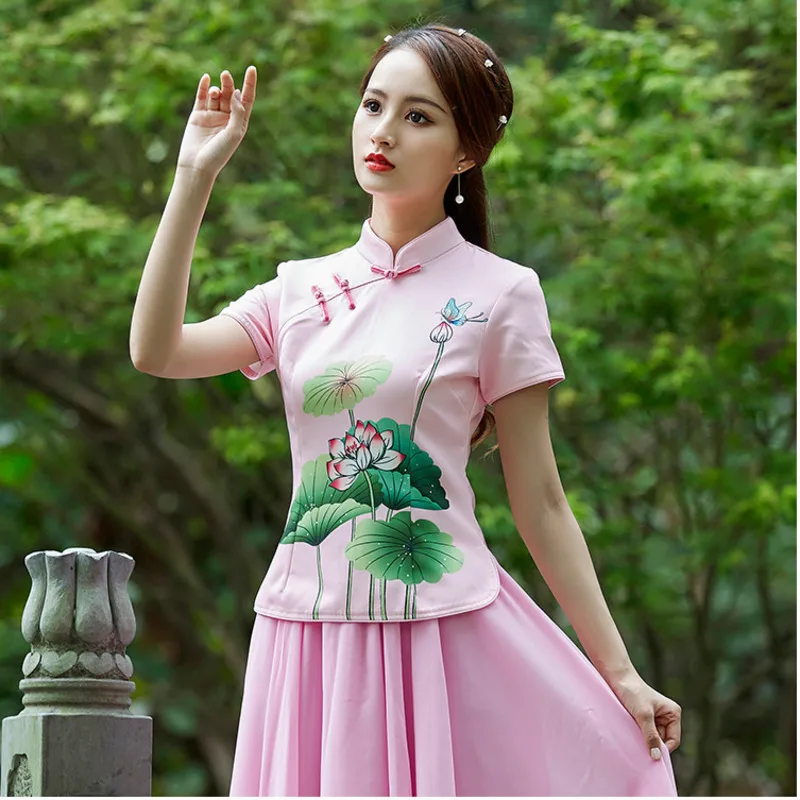 

Sheng Coco Ladies China Shirts Lotus Printing 2019 Chinese Style Suit Pink Blouse Style Chinois Chinese Traditional Woman Tops