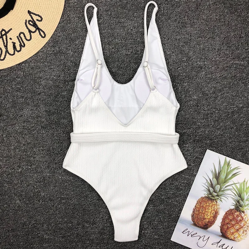 Bañador de una pieza para mujer, traje de baño Sexy con cuello en V, Monokini, color blanco, 2024