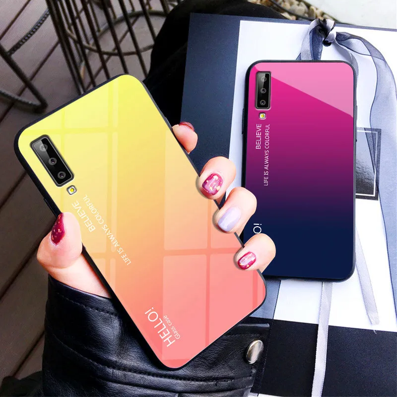 For Samsung Galaxy A7 2018 A750F Case Gradient Aurora Tempered Glass Back Cover Hard Phone Case for Samsung A7 2018 A750F