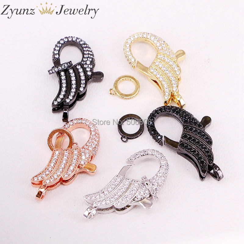 5PCS ZYZ324-9739 CZ Micro Pave Angel Wings Lobster Clasp, Cubic Zirconia Clasp, Findings