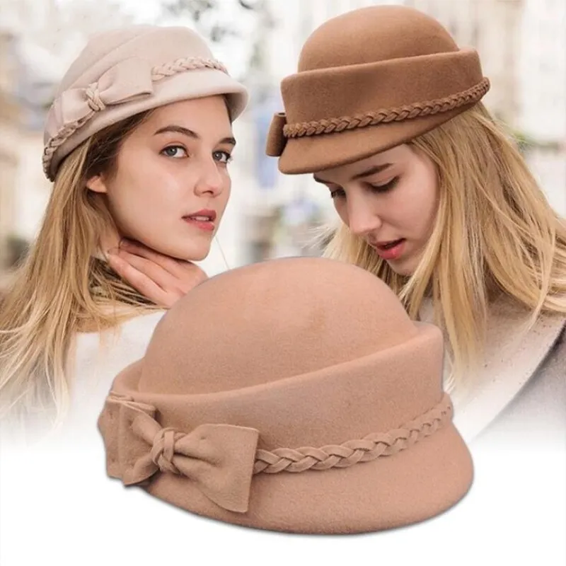 

Elegant Winter 100% Australian Wool Felt Fedora Red Black Wedding Hats Women Female Bow Berets Caps Pillbox Hat Chapeau