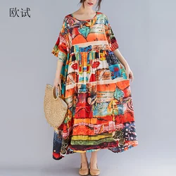 Oversized Women Summer Boho Dress Cotton Linen Floral Print Ladies Dresses Casual Long Bohemian Beach Dress 2023