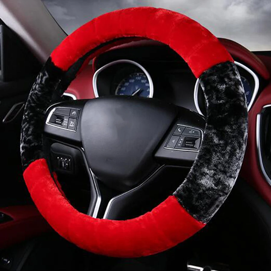 

Car Steering Wheel Cover Winter Warm Short Plush Black And Red For Diameter 37-38cm