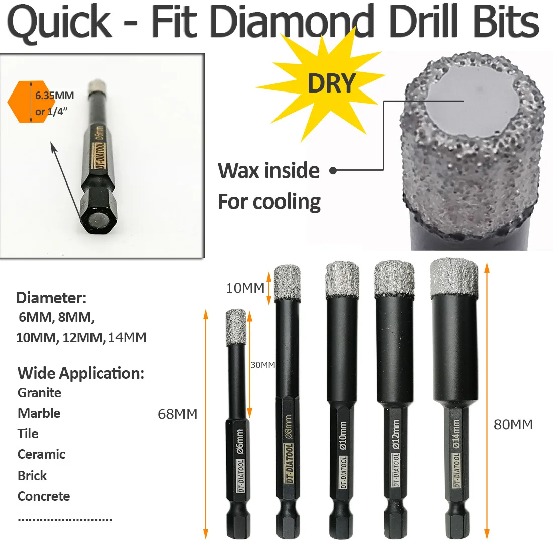 DT-DIATOOL 5pcs/box Diameter 6/8/10/12/14MM Quick-fit Shank Dry Diamond Drilling Core Bits Drill Hole Saw for Granite Marble