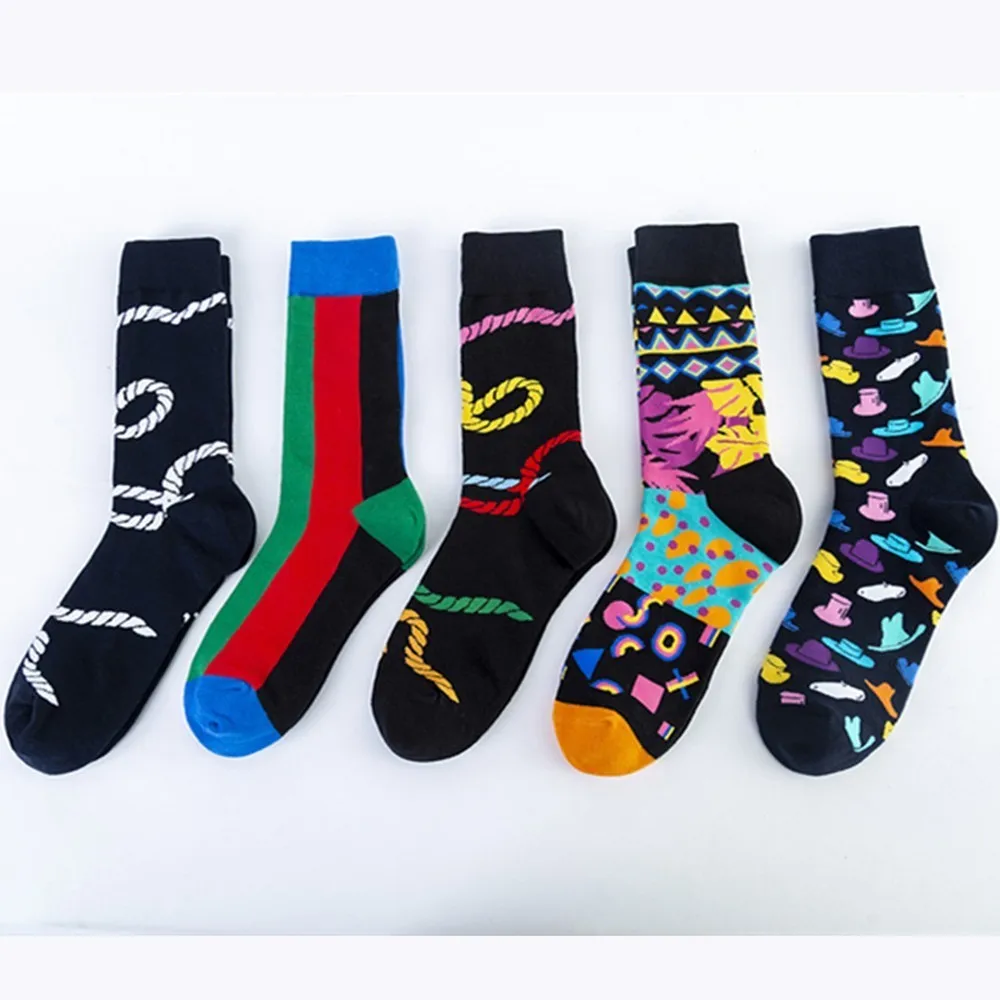 PEONFLY 5pairs/lot Funny Combed Cotton Men Socks Happy Socks Colorful Multi Rope Hat Pattern Long Tube Skateboard Casual Socks