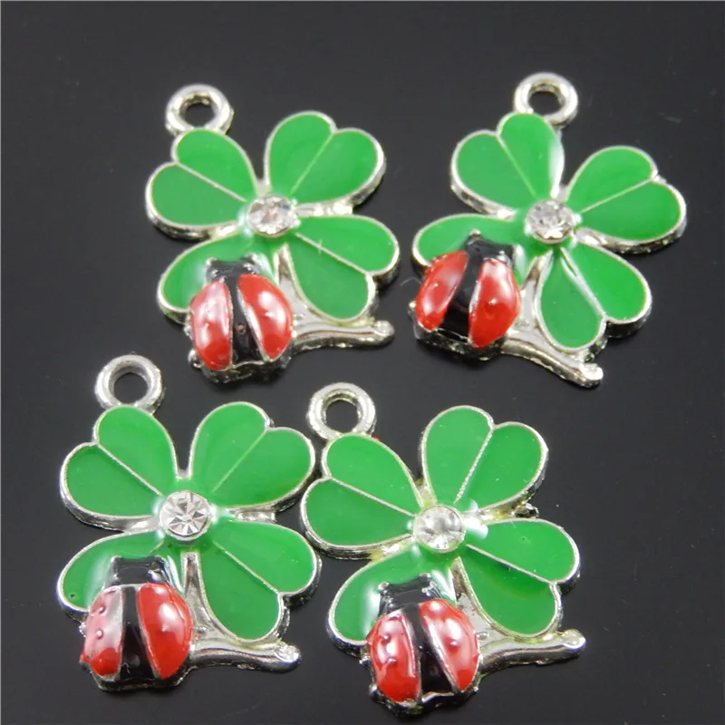 10PCS Lovely Clover Ladybug Enamel Alloy Pendant Charms Bracelet Earrings Jewelry Making Finding 18*16*3mm AU37058