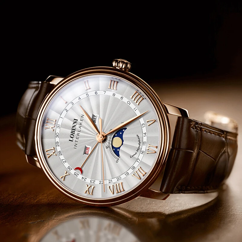 LOBINNI-Relógios Sapphire Impermeável Masculino, Suíça, Marca de Luxo, Fase da Lua, Japão Miyota, Movimento Quartz, Relógio Masculino, L3603M