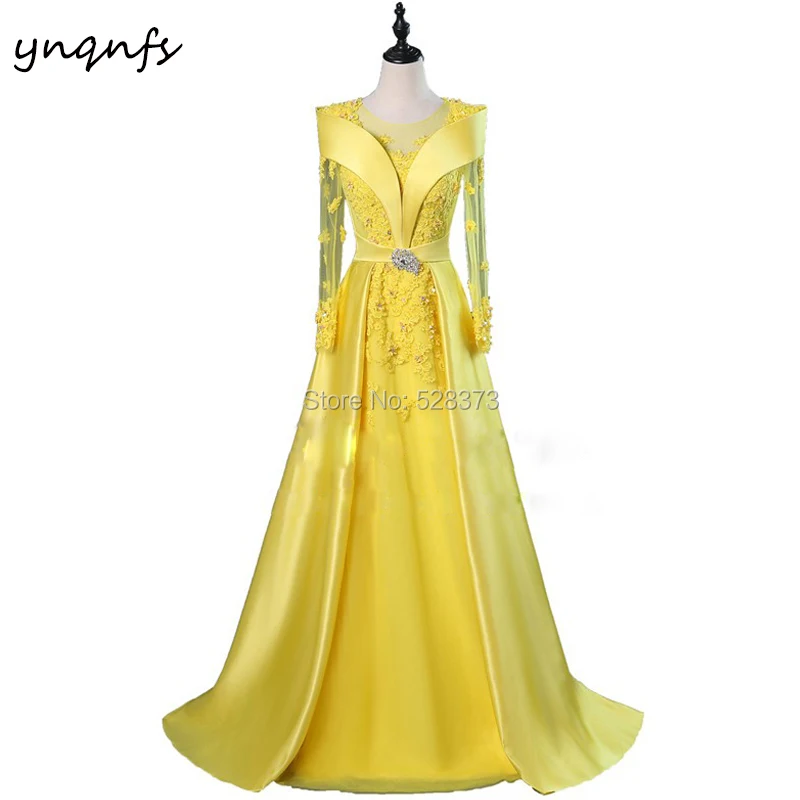 YNQNFS M80 Vintage Satin  Long Sleeve Lace Robe Soiree Dubai Yellow Vestido Mother of the Bride Formal Dress Women Elegant