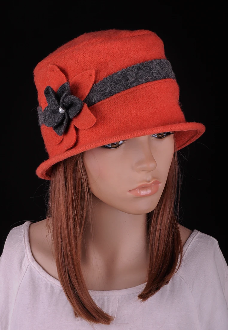 Women\'s Vintage Orange Wool Floral Beanie Embellishment Rosette Cloche Bucket Hat Winter Cap