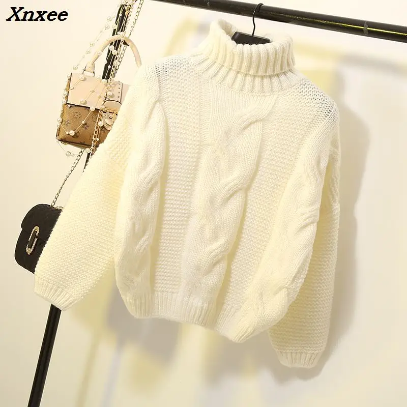 Xnxee-suéteres de estilo coreano para mujer, Jersey grueso de cuello alto, ropa corta de viento perezoso, Tops de color Beige y marrón, Otoño e Invierno