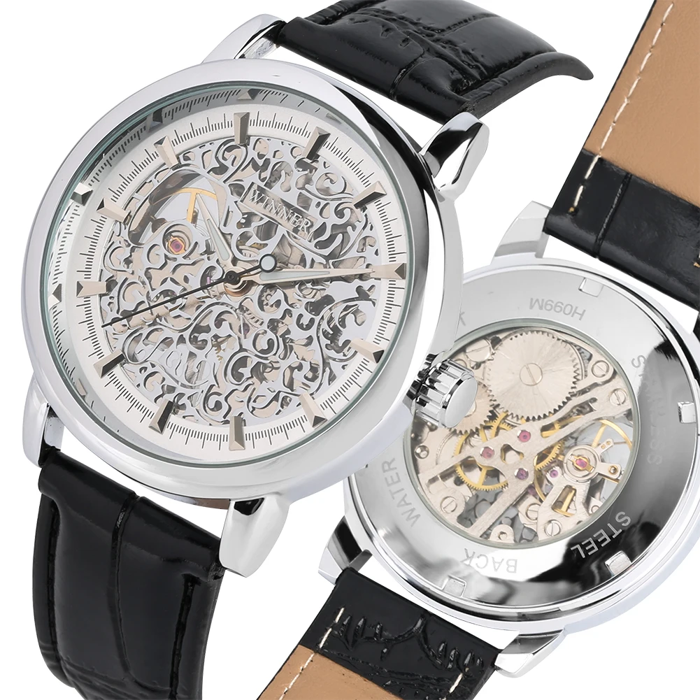 Men\'s Mechanical Watch Hand-Winding Business Skeleton Watch Leather Strap White Dial