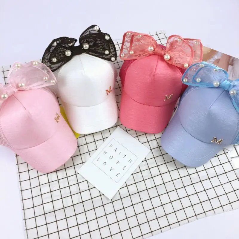 Cute Children Mesh Cap Spring Summer Children Baseball Cap Girls Snapback Hip Hop Caps Rabbit Ear Pearl Big Bow Kids Sun Hat