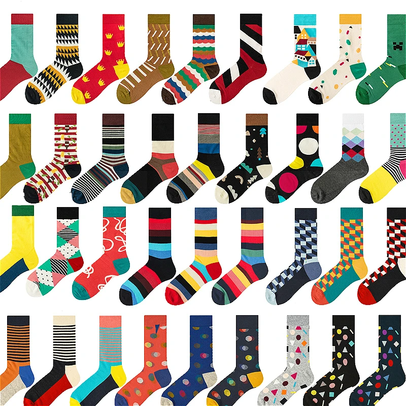 PEONFLY Men Socks Cotton Cartoon Colorful Happy Socks Harajuku British Style Geometric Novelty Funny Skarpetki Men