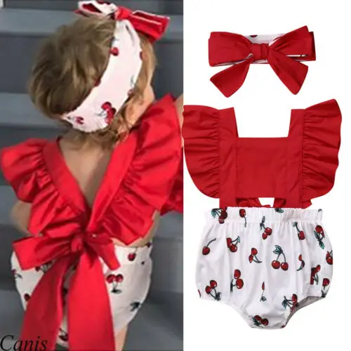 2Pcs Newborn Kids Baby Girl Ruffles Big Bow Bodysuit Sunsuit Outfit Toddler Girl Floral Summer Rompers Playsuit Jumpsuit Clothes