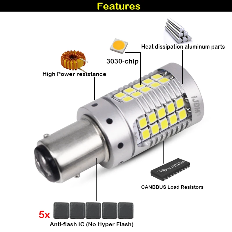 iJDM Canbus 1157 LED No Hyper Flash 21W Amber yellow P21/5W BAY15d LED Bulbs For Turn Signal Lights DRL Brake/Tail Lig Parking