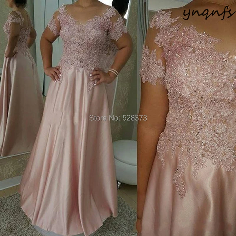 

YNQNFS M01 Satin A Line Illusion Lace Appliques Pearls Sheer Back Formal Dress Women Elegant 2019 Mother of the Bride Dresses