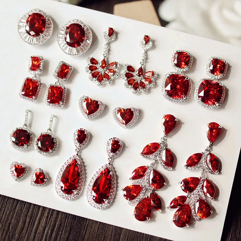 Luxury claret wine Red stone Long Drop Earrings Geometric Shape Big Square Cubic Zirconia women Party Wedding Jewelry Gift