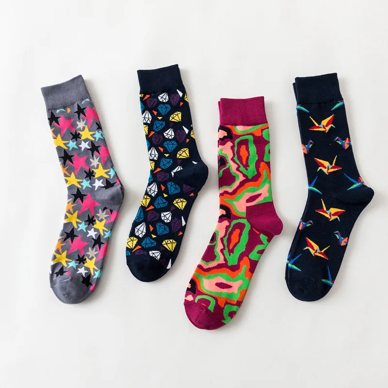 Men Socks Cartoon Cherry Origami Hot Air Balloon Stars Happy Funny Cotton Harajuku Hip Hop Street Style Casual Skate Cotton Sock